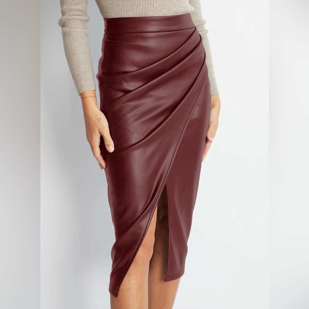 Commense Burgundy  Faux Leather Midi Skirt